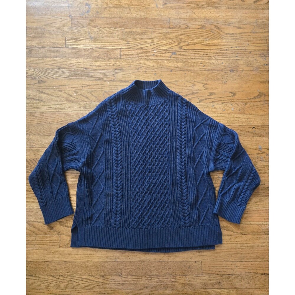 J Crew Womens Navy Blue Mock Neck Cable Knit Chunky Sweater Size XL